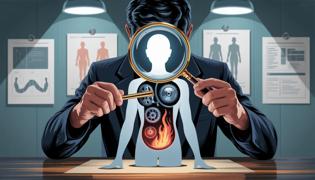 Person holding a magnifying glass over their body, showing hidden problems inside, symbolizing discovering the root cause of health problems